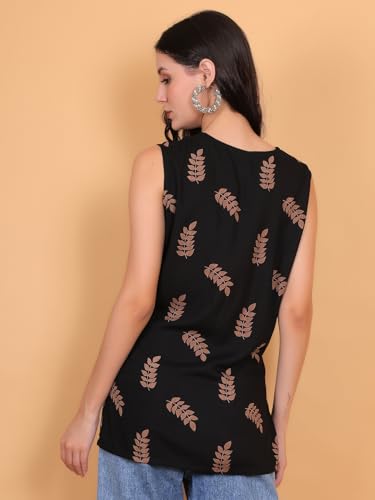 Image of FIMS - Fashion is my style Rayon Short Kurti for Women, Ethnic Printed, Black Sleeveless Kurtis, Summer Wear, Ideal Gift for Girls