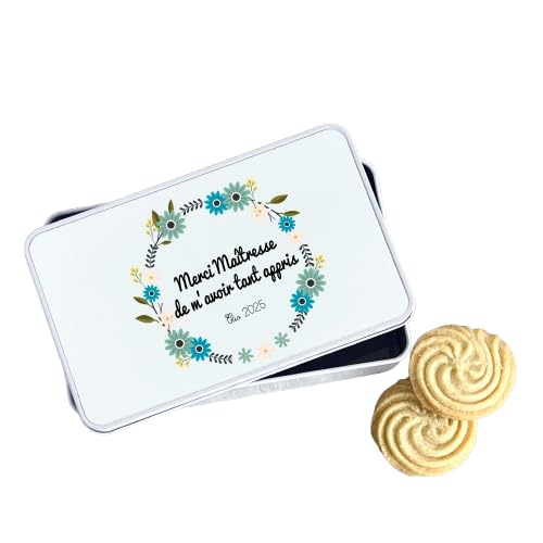 Boîte à biscuits Merci Maîtresse personnalisée – Boîte métal blanche 19x12 cm avec prénom – Cadeau fin d’année scolaire – Motif fleurs