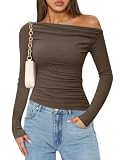 Picture of ZESICA Womens Off Shoulder Long Sleeve Tops 2026 Fall Casual Boat Neck Ruched Slim Fit Going Out Y2k Shirts Blouses,Coffee,X-Large