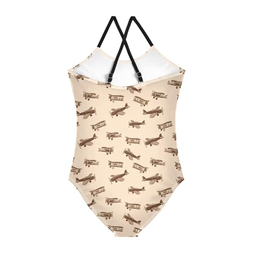 senya Girls Swimsuits One-Piece Swimwear Tie Bathing Suit Beach Summer Round Neck 9-10T Retro Airplane Pattern2