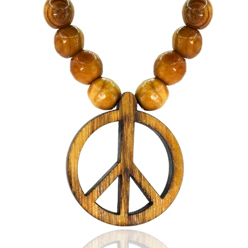SANAD Peace Sign Necklace Olive Wood – Handmade Hippie Jewelry from Jerusalem – 60s 70s Costume Accessory – Lightweight Retro Pendant for Men & Women