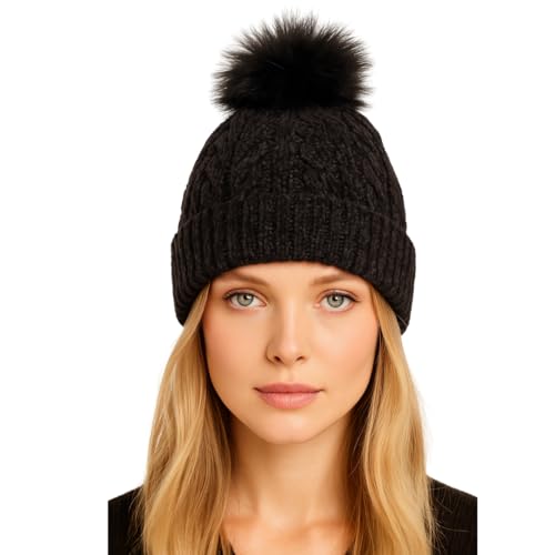 Gorro Touca de Lã Tricot Forrada co Pelúcia Fofinha Linda (BR, Alfa, Único, Preto)