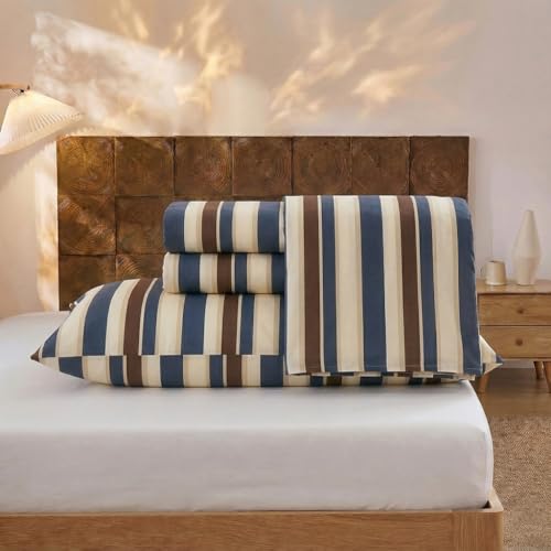 Image of Merryword Blue Cabana Striped Sheet Set King Size - 100% Cotton Striped Bedding 4 Pieces, Soft Breathable Percale Weave, 17.5 inch Deep Pocket, Luxury Linen Like, All Season Comfort