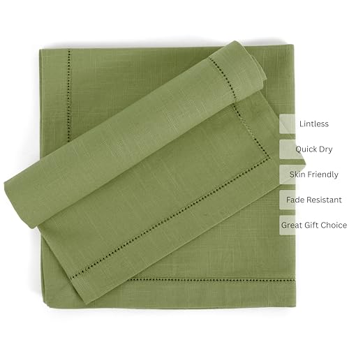 Image of FINGERCRAFT Hemstitched Cotton Table Napkins - Set of 12, 20x20 Inch, 100% Cotton Cloth Napkins with Faggoting Stitching - Durable & Elegant for Parties, Hotels, Everyday Use (Olive Slub)