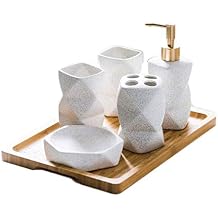 Soap Pump Dispenser 6 Piece Stunning Bathroom Accessories Set Geometric Design Ceramics Tumbler Dispenser Soap Dish Cups Toothbrush Holder and Bamboo Tray Bathroom AccessWhite