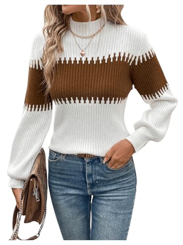 SOLY HUX Fall Sweaters for Women Color Block Mock Neck Bishop Long Sleeve Pullover Sweater Tops