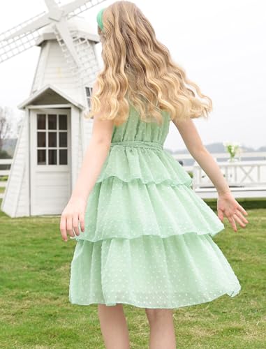 Move Dance Girls Summer Dress Tween Halter Neck Green Flared Midi A-Line Sundress Swiss Dot Sleeveless Casual Layered Chiffon Dresses with Belt 12-13 Years Old - image 3