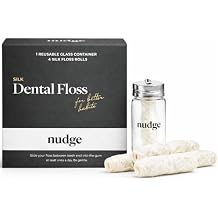 Nudge Clean Sustainable Silk Dental Floss Refill Set, Reusable Glass Dispenser with 4 x 30m All Natural Silk Floss Spools, Plant Based Wax Coated, PFAS Free Oral Care