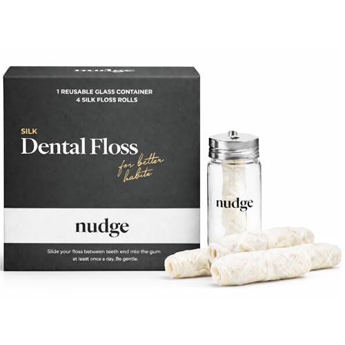 Nudge Clean Sustainable Silk Dental Floss Refill Set Reusable Glass Dispenser with 4 x 30m All Natural Silk Floss Spools Plant Based Wax Coated PFAS Free Oral Care