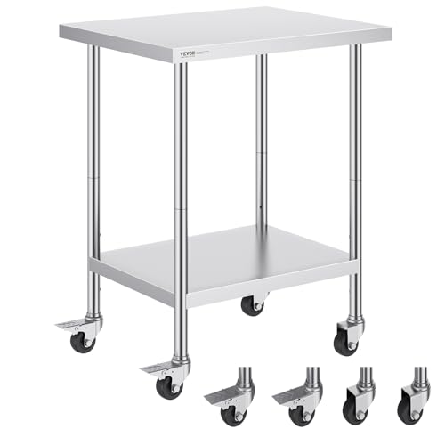 VEVOR Mesa de Trabajo de Acero Inoxidable 610 x 762 x 954,6 mm Mesa de Preparación de Alimentos con 4 Ruedas Mesa de Cocina Estante Ajustable en Altura para Cocina Restaurante Bar Garaje al Aire Libre