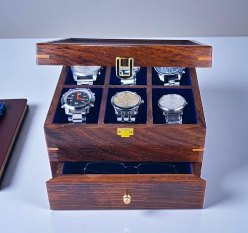 Image of Luxury Wooden Watch Display Box with Glass Top, 6-Slot Storage Case with Accessories Drawer, Dark Brown