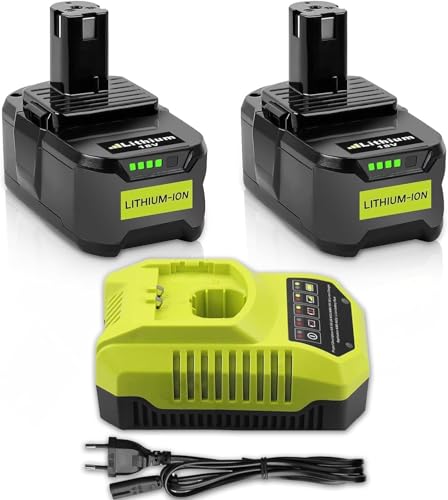 2 Stück 5,0Ah Akku für Ryobi mit 4A Ladegerät, 18V Li-Ion Ersatzakku für Ryobi ONE+ Akku RB18L40 RB18L25 RB18L15 P102 P103 P104 P105 P106 P107 P108 Werkzeug