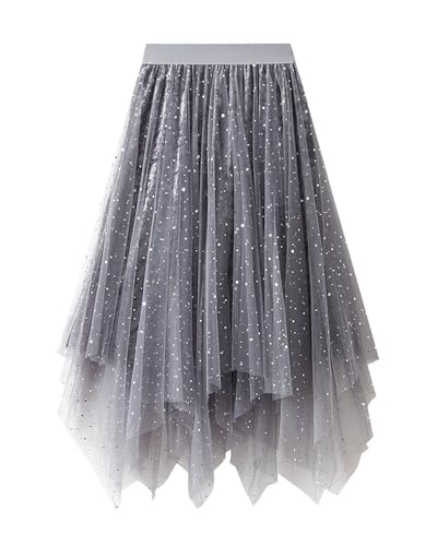 Jogold Tulle Skirts for Women 3 Layered High Low Asymmetrical Midi Length Elastic Waist Mesh Tutu Skirt (Grey #1)