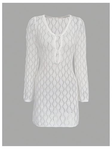 MakeMeChic Women's Swimsuit Coverup Crochet Mini Dress Bathing Suit Beach Cover Up White X-Small