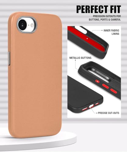 Image of WOW IMAGINE Back Cover for iPhone 16e | iPhone 17e | Shockproof Tough Leather Texture Hard Mobile Case | Ultra Slim Non-Slip Grip | Inner Velvet Fabric | Metal Camera Ring - Tan Brown