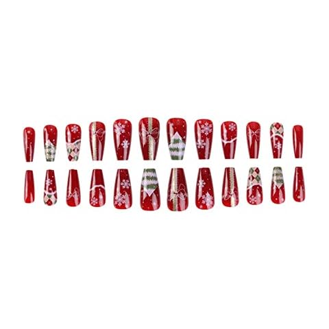 Christmas Fake Nails Snowflake Christmas Tree Bowknot Press on Nail Fake Nail Tips Nail Art for Manicure Nail Salon Home DIY Xmas (Red) Cover