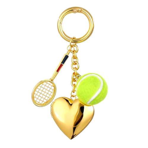 Gold Tennis Keychain, Cute Tennis Racket Ball Keychain Tenniss Ball Racket Bag Charms with Metal Heart Heart Charm Keychains for Women, Locket Purse Charms Metal Tennis-Keychains for Tennis-Fans Sport