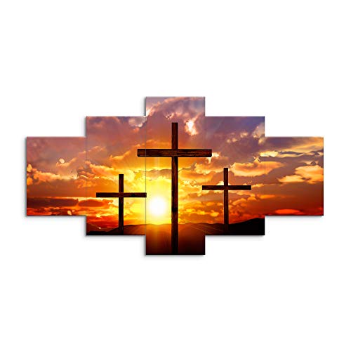 Viivei Christian Sunset Crosses Cross Wall Art Christ Poster Canvas Prints Art Home Decor For Living Room Modern Pictures 5 Panel Large Hd Printed Painting Artwork Framed Ready To Hang (60" Wx32 H) #TOP1