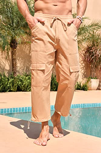 Paslter Men's Cotton Linen Pants Drawstring Elastic Waist Lightweight Casual Beach Yoga Cropped Pants With Pockets Khaki #TOP2
