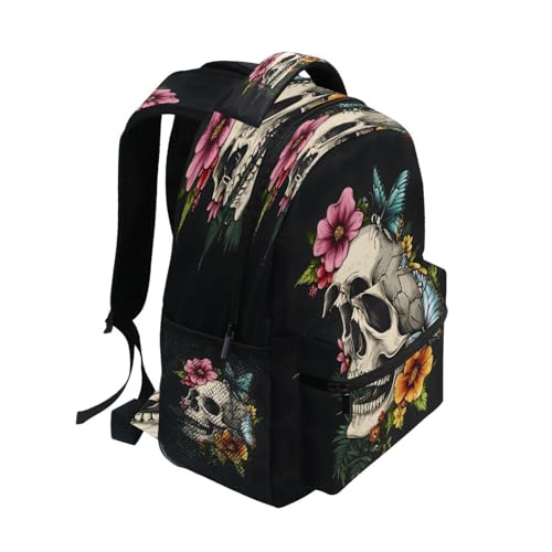 Black Sugar Skull Flower Butterfly Backpack for School Boys Girls Adults Kids Bookbag Laptop Bag 15L2