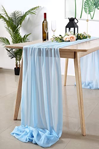 Chiffon Table Runner 27x120 Inches Baby Blue Sheer Fabric Long Table Runners for Wedding Birthday Party Easter Baby Bridal Shower Decorations 10ft