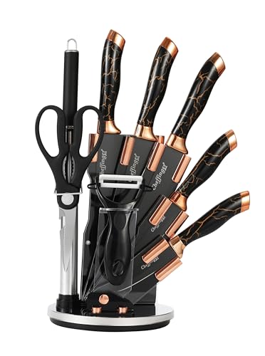 Lot de 9 couteaux design marbre doré, couteau de chef 20,3 cm, couteau à pain, couteau universel, couteau à éplucher, hachoir, ciseaux, fusil à aiguiser avec support, noir
