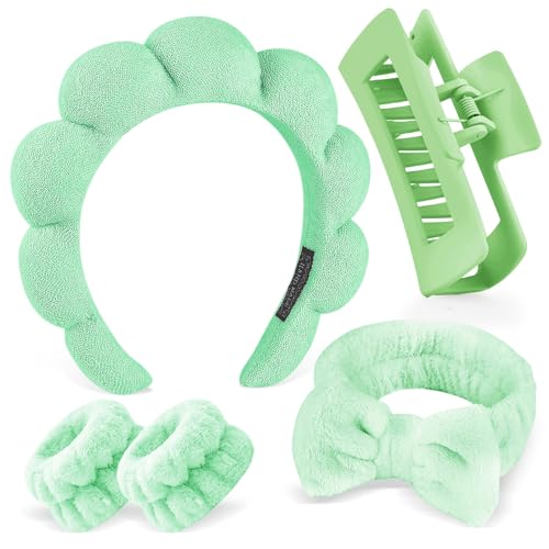 Zkptops 5Pcs Spa Headband for Washing Face Wristband Set Sponge Makeup Skincare Terry Cloth Bubble Soft Hairband Hair Claw Clips for Thick Hair Puffy Padded Headwear Non Slip Hairs Accessory (Green)