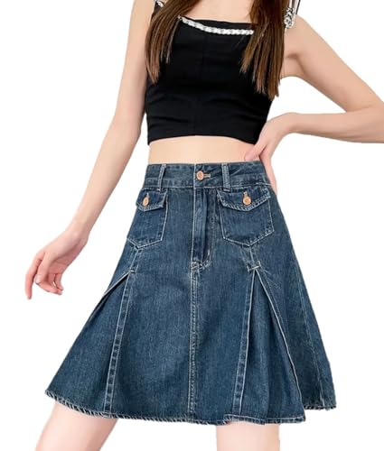 Women's Vintage Denim Pleated Skirt High Waist A-Line Skirt
