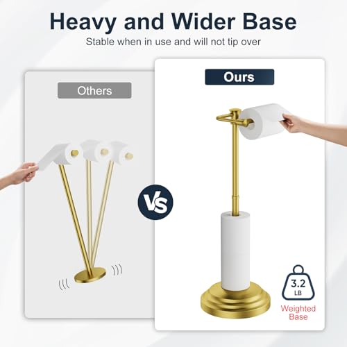 Kroias Bathroom Toilet Paper Holder Stand, Brushed Gold Toilet Paper Holder Free Standing, Stainless Steel Pivoting Toilet Tissue Roll Holder，Adjustable Height (14.76'' to 23.36'') Paper Holder by Kroias - Image 9
