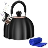 Foedo Tea Kettle,Whistling Tea Kettle Stovetop 2.6 Quart, Tea Pots for Stove Top Food Grade Stainless Steel,Wood Pattern Handle(Black),With Anti Scald Towel