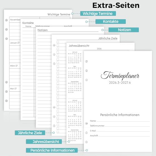SKYDUE Kalender Ringbuch A5, Ringbuch A5 Nachfüllbar Von März 2026 bis Juni 2027, Terminplaner 2026 Perfekt Für Schüler Und Berufstätige(Rosa)