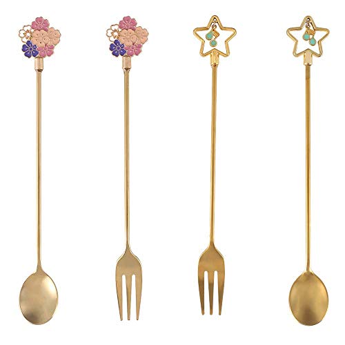 Falytemow Cuchara y tenedor 5 piezas de flores de cerezo y estrellas formas de oro cubiertos de acero inoxidable Set de vajilla para café, té, postre, bebidas, batido de leche ensalada de frutas Cover