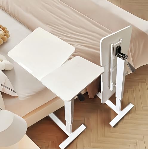 Foldable Bedside Table, Height Adjustable Overbed Bedside Desk Mobile Rolling Laptop Stand Tilting Sofa Side Table with Wheels, Folding Tray Tables for Laptop Bed Couch, Gift for Family, White-1