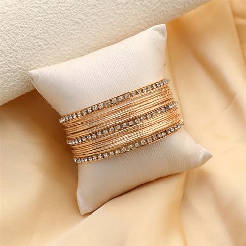 Gold Bangle Bracelet Set Thin Circle Bangle Collection Indian Bollywood Diamond Bangles Metal Texture Rhinestone Tennis Bracelet Wedding Outfit Jewelry for Women (22 Pcs)3