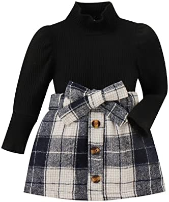 Toddler Baby Girl Fall Winter Skirt Set Turtleneck Ribbed Long Sleeve T-Shirt Top & Plaid Skirts Dress 2Pcs Outfits (J Black, 4-5 Years)