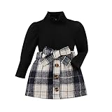 Toddler Baby Girl Fall Winter Skirt Set Turtleneck Ribbed Long Sleeve T-Shirt Top & Plaid Skirts Dre