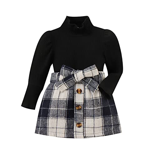 Toddler Baby Girl Fall Winter Skirt Set Turtleneck Ribbed Long Sleeve T-Shirt Top & Plaid Skirts Dress 2Pcs Outfits (J Black, 4-5 Years) #TOP4