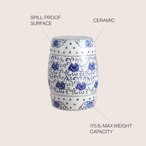 JONATHAN Y Lotus Flower 17.75" Chinoiserie Ceramic Drum Indoor/Outdoor Garden Stool, Traditional Floral Side Table, Plant Stand for Patio, Living Room, Blue/White TBL1000A by JONATHAN Y - Image 5