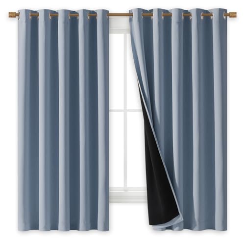 Image of NICETOWN 100% Blackout Lined Curtains, Vintage Blue, 1 Pair, 70 inch Width x 63 inch Length Each Panel, 2 Thick Layers Completely Blackout Window Treatment Thermal Insulated Drapes for Kitchen /Bedroom