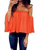 Women's Summer Off Shoulder Blouses Short Sleeves Sexy Tops Chiffon Ruffles Casual T Shirt