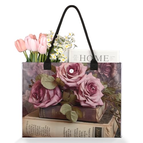 Art Rose Books Tote Bag for Women Large Beach Bag Reusable Tote Bags for Work Travel Beach Shopping3