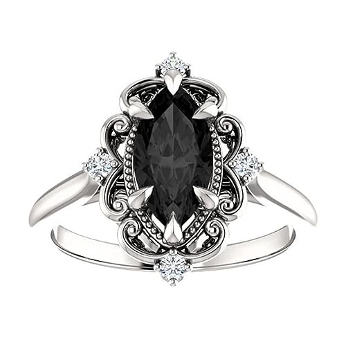 1 CT Marquise Cut Black Diamond Engagement Rings for Women Halo Vintage Antique Black Onyx Anniversary Promise Gifts for Her Bridal Wedding Jewelry4