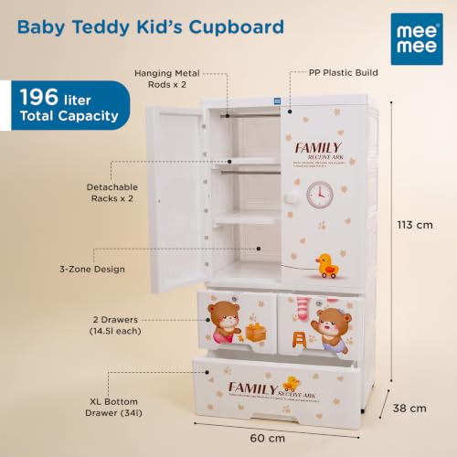Image of Mee Mee Baby Teddy Kids Cupboard | 196L Storage Organizer | PP Plastic Kids Wardrobe with Drawers & Hanging Rod | Lockable Storage Cabinet for Baby Essentials