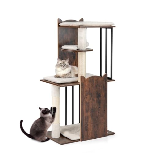 GOPLUS Árbol Moderno para Gatos, 112 cm Torre Multinivel con Postes Rascadors de Sisal, Percha, Plataformas, Cojines de Felpa Lavables, Pompones Colgantes, Mueble de Escalada para Gatitos de Interior
