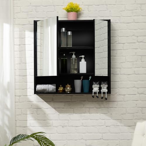 ALIMORDEN Medicine Cabinet with Mirror and Shelves, Oversized Bathroom Wall Storage Organizer Over The Vanity, Toilet, Recessed or Surface Mount, 30.4" L x 29.5" H, Black