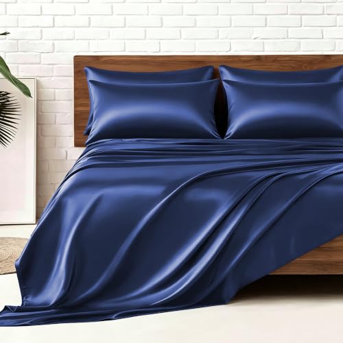 MR&HM Satin Sheets King Size with Elastic Corner Straps, Navy Blue