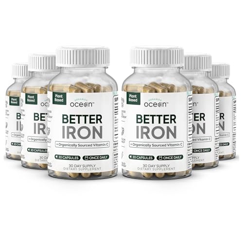 Organics Ocean Better Iron Supplement with Vitamin C - Plant-Based Fermented Pea Formula - Supports Iron Absorption, Energy & Vitality - Gentle on the Stomach, Vegan, Non-GMO - 6 Pack