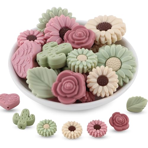 Lovyomi 20Pcs Green Sunflower Mixed Plant Silicone Focal Beads for Pens