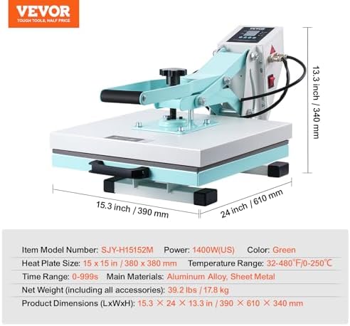 VEVOR Heat Press Machine 15x15 in Slide Out Heat Transfer Machine Green Detail
