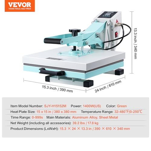 Image of VEVOR Heat Press 15x15, High Pressure Heat Press Machine for T Shirts, Slide Out Professional Heat Press for Sublimation, Vinyl, Heat Transfer Projects, Heats Up Fast & Evenly, Green